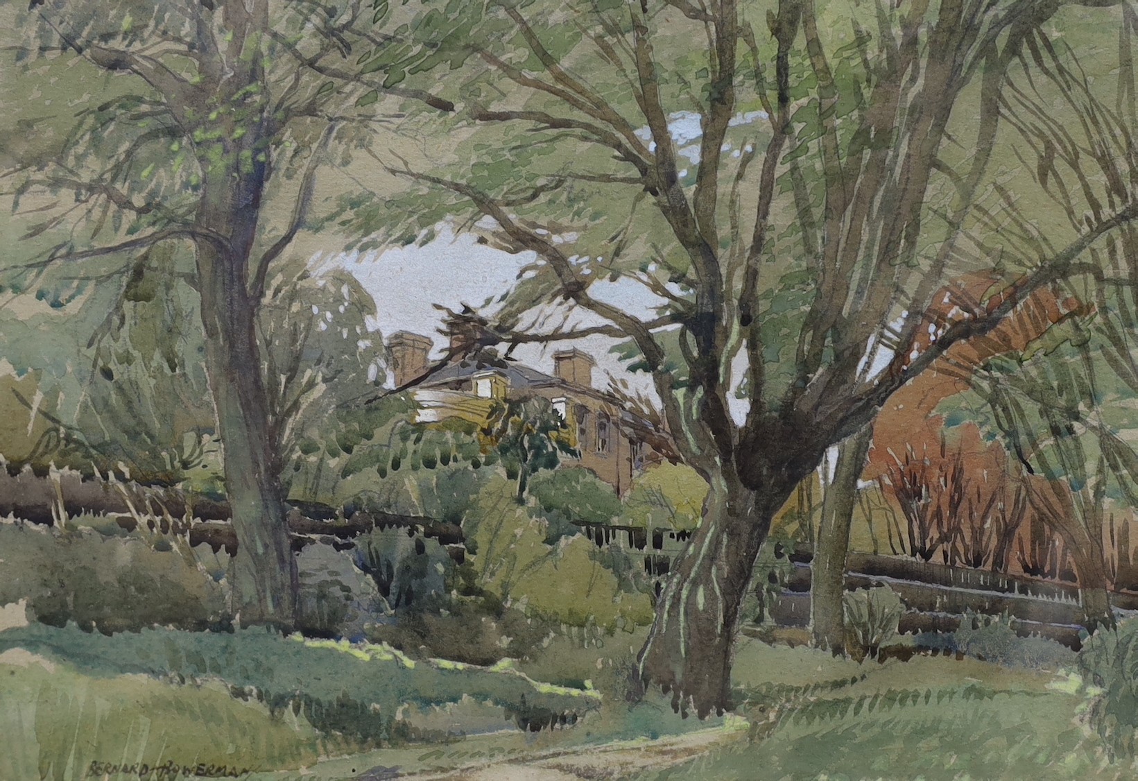 Bernard J.W. Bowerman (b.1911), two watercolours, Barn and Farmhouse at Marketing, Yorks, and Down by the wilderness, Buckhurst Hill, signed with labels verso, 26 x 35cm and 25 x 35cm